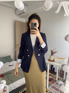 Premium casual blazer navy import korea brand roem / luaran biru navy outer premium import kancing double breasted balmain no furing stik balik salur