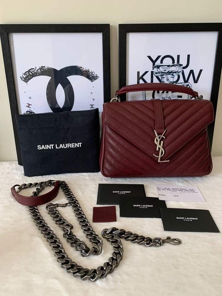 Saint Laurent Medium College Bag (Category: Luxury Bags & Wallets) located in Manila. Submitted by bagislifeshop (Listing ID 1221829838, Image 1). Description: ▪️Saint Laurent Medium College Bag▪️ ☑️Available in Pampanga ✅Condition: 8.8/10 ✅Dimensions: 24x17x6.5 cm ✅Material: Calf leather ✅Colour: Burgundy in RHW ✅Inclusions: Dustbag, cards, leather swatch and receipt.