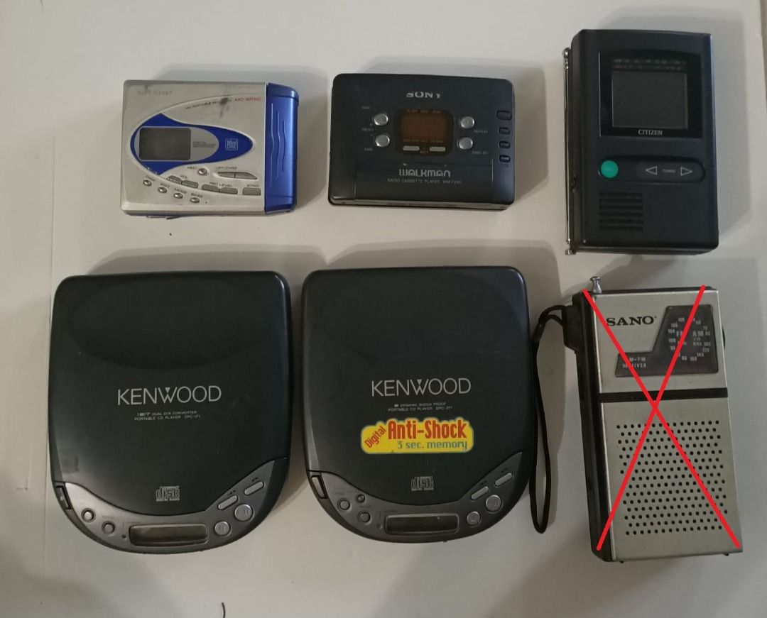 Sony Walkman, Sharp MD, Kenwood CD player, Radio and Camera