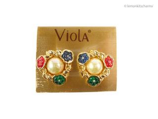 Vintage 90s Viola Mixed Flower Faux Pearl Earrings, er1324-cc