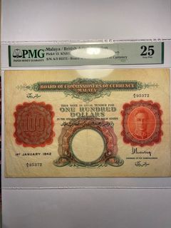 1942 Malaya King George VI $100 A/3 95372 Original paper PMG 25 ( no remark)