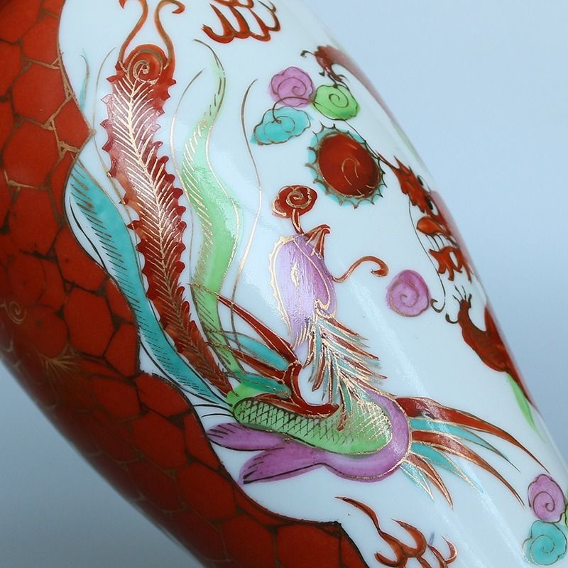 民國老瓷器珊瑚紅釉粉彩龍鳳紋將軍罐蓋瓶高27.5cm, 興趣及遊戲, 收藏品