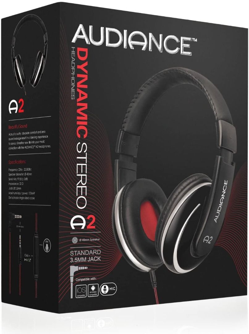 Audiance A2.0 Premium Over Ear Stereo Headphones with Detachable Cable 3.5mm Jack Red No box