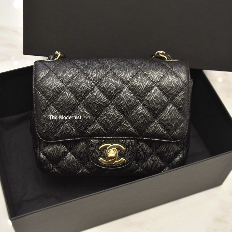 Authentic Chanel Square Mini Flap Bag Black Caviar Gold Hardware Edge  Stitching