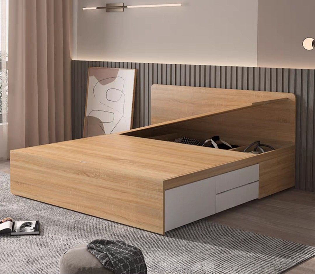 Bedframe (Category: Bed Frames & Mattresses) located in Singapore. Submitted by kiki5555 (Listing ID 1221918878, Image 3). Description: material is 1.7cm thickness solid wood. support various size.color.etc. bed platform height 40cm. the hydraulic can support mattress weight:65kg around. single/super single size: $659 queen size:$749 kingsize:$799 installation: single/super single:$100. queen/king size :$110..