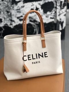 *SALE* CELINE Paris Cabas spring/summer 2019 canvas horizontal beach classy tote bag w/ tan brown leather strap handle and gold hardware
