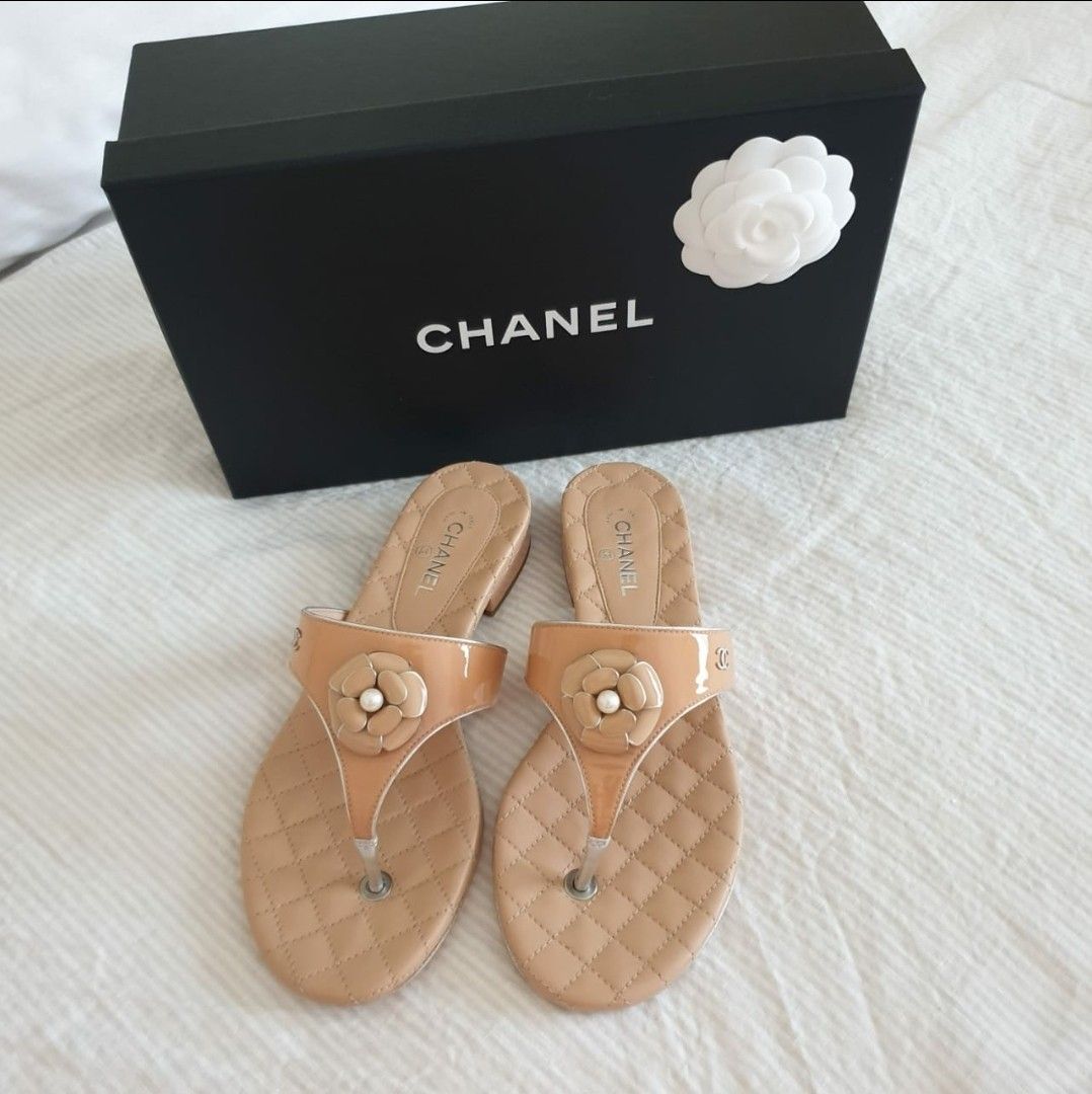 Chanel Camelia Sandals Thongs Quilted Soles Beige 36C fits 36.5 or