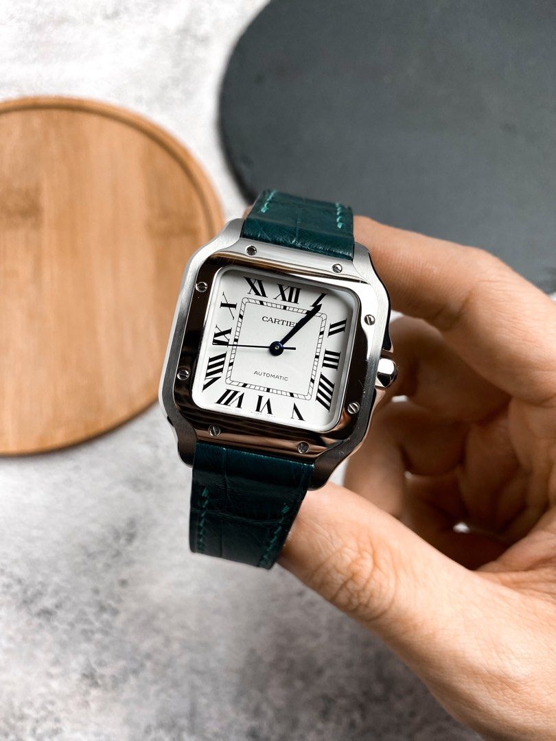 Handmade Cypress Green Alligator Leather Watch Strap for Santos de Cartier with Quick Switch Inserts