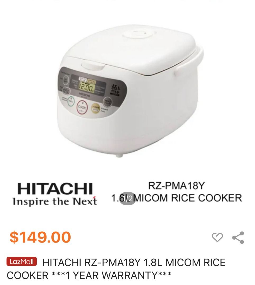 Hitachi Brand new 1.8 Liter Rice Cooker with 1 year warranty, TV & Home
