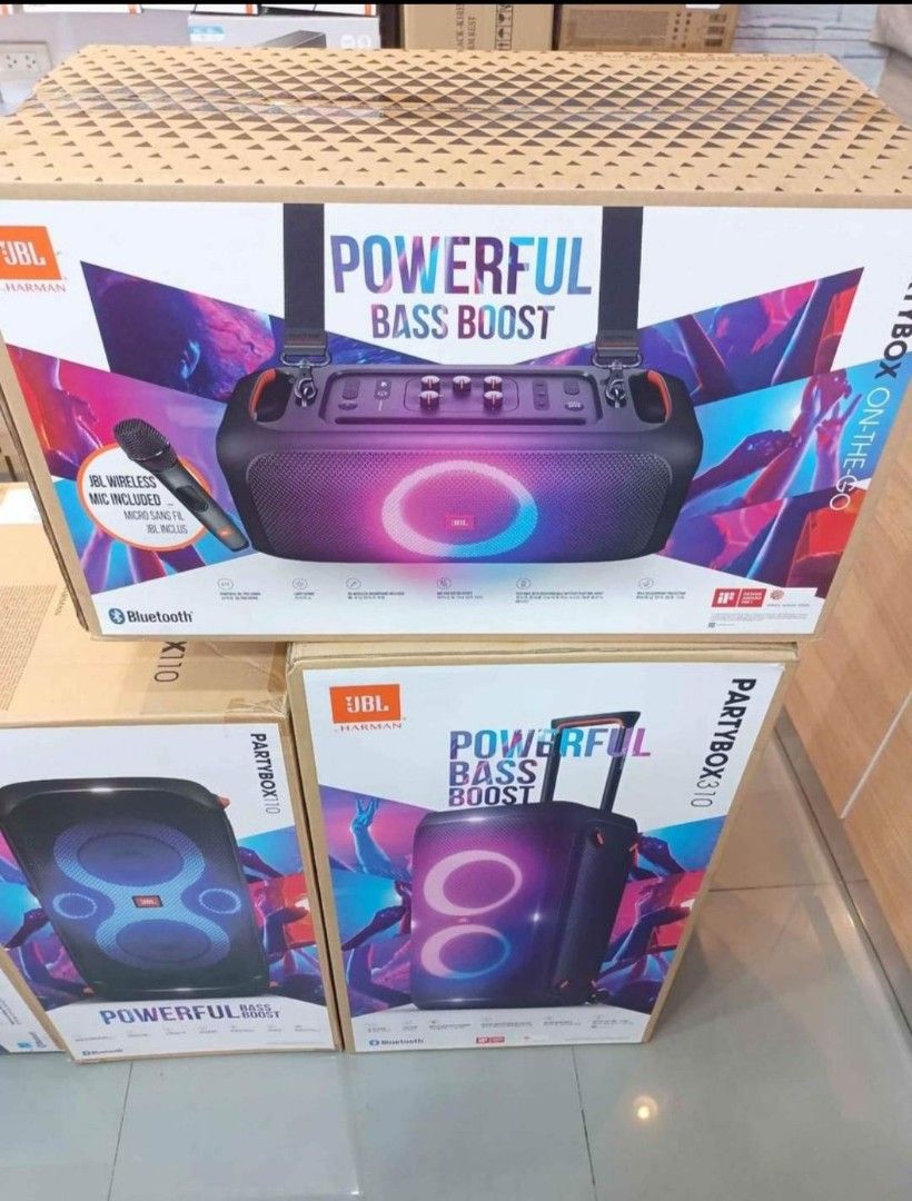 JBL PARTY BOX BLUETOOTH SPEAKER 100% BRAND NEW (Category: Soundbars, Speakers & Amplifiers) located in Makati City. Submitted by jayann. (Listing ID 1222006945, Image 3). Description: JBL PARTY BOX BLUETOOTH SPEAKER 100% BRAND NEW 🔹PARTY BOX ENCORE 🔹SRP:16,499 👉CASH:14,890 🔹PARTY BOX ENCORE w/MIC 🔹SRP:22,999 👉CASH:19,850 🔹PARTY BOX ON THE GO w/WIRELESS MIC 🔹SRP:21,990 👉CASH:19,150 🔹PARTY BOX 110 🔹SRP:20,999 👉CASH:18,200 🔹PARTY BOX 31