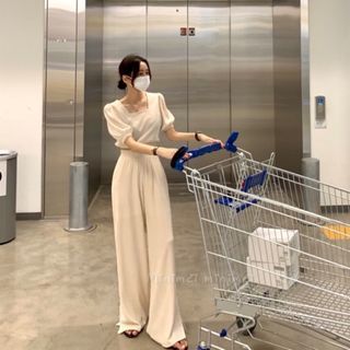 Minimei追加款✪韓系韓版歐美風氣質風百搭♡♡褶皺質地方領上衣+拖地長褲  兩件套