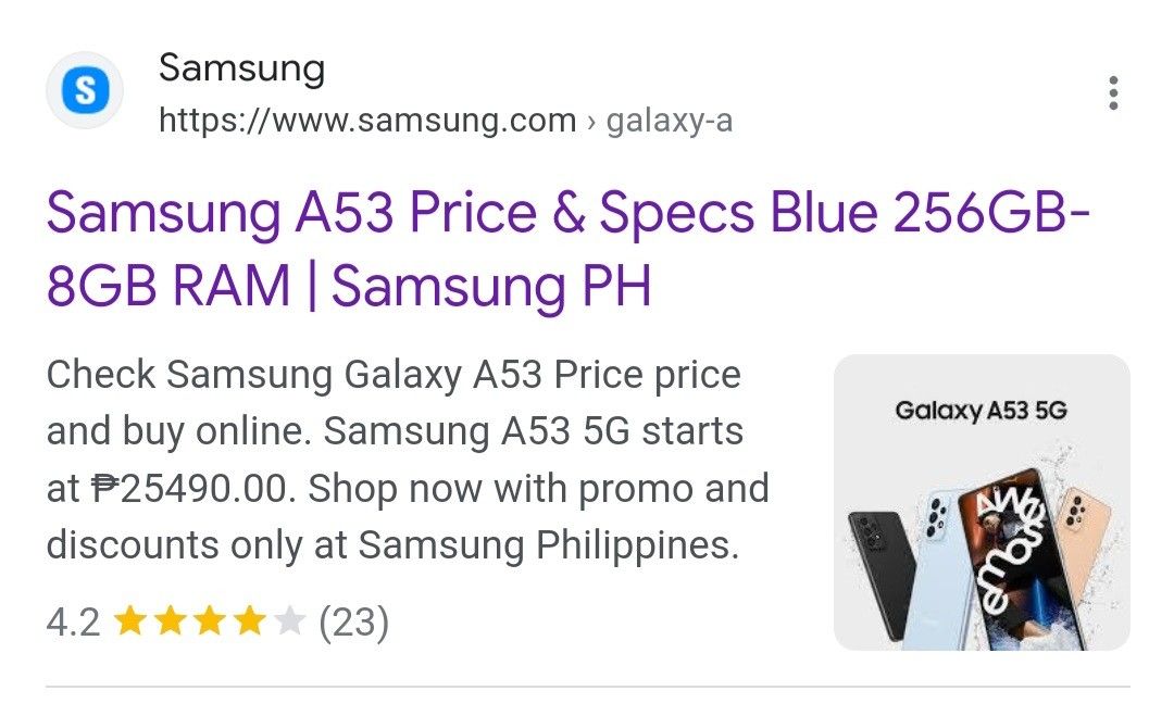 Samsung a53 5g 256 (Category: Samsung) located in Paranaque City. Submitted by jeremysecr19192 (Listing ID 1221876032, Image 3). Description: Rush sale !!! 12k pesos na lng rush Orig price: 24,490 Now: 12k 12k 12k na lng!!! Samsung A53 256gb/8ram No issue Inclusion Unit,case,cord Meet up terminal 3 paranaque.