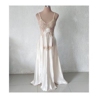 Sexy gown with double slit lingerie gown honeymoon gown loungewear long dress cream silk dress prenup gown prep gown photoshoot gown