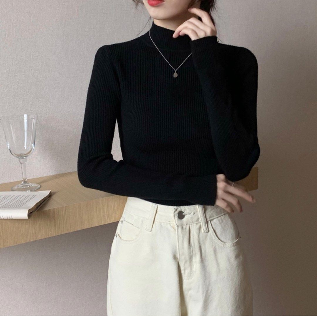 Turtle neck Black Women top Long sleeves Free size Korean Style Stretchable  Knit Slim Fit Knitted, Women's Fashion, Tops, Longsleeves on Carousell