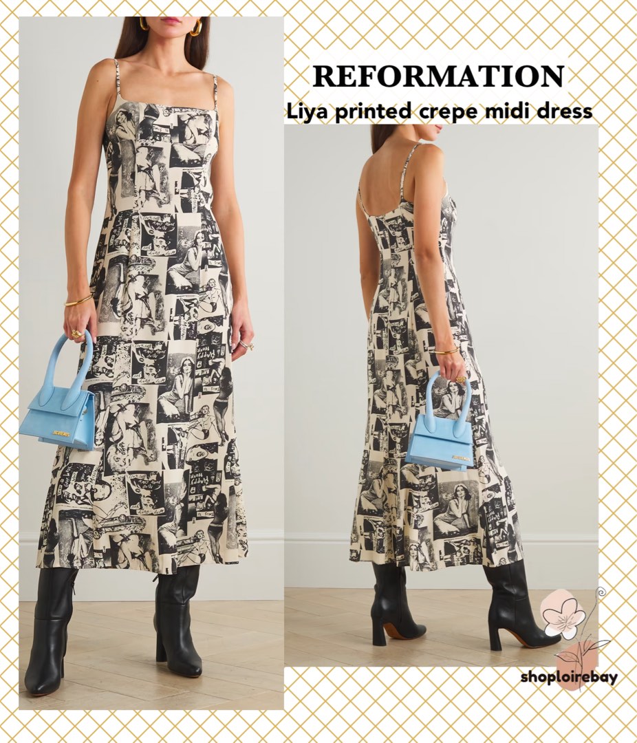 US4 6 8 Reformation Liya newspaper black midi dress Women s Fashion Dresses Sets Dresses on Carousell