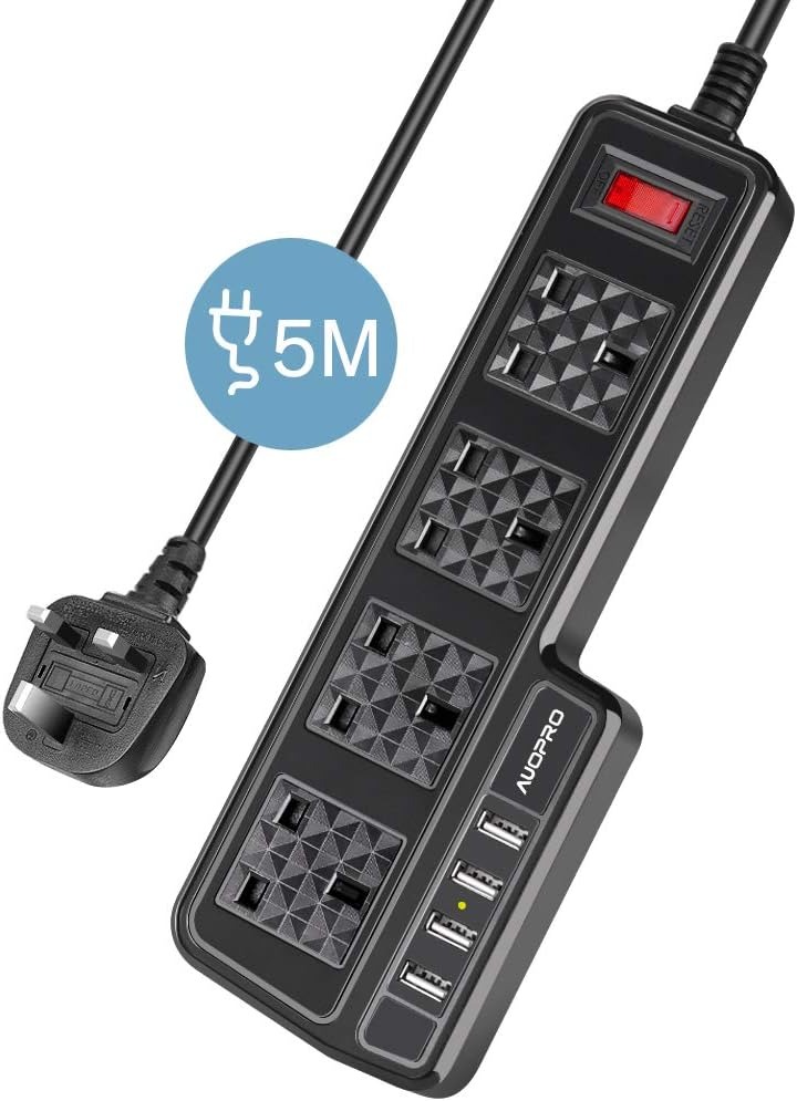 4 Way Extension Lead 5M, AUOPRO Multi Gang Power Strip with 4 USB