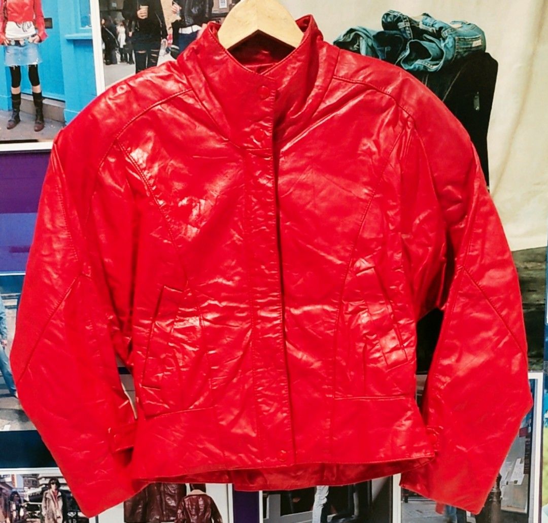 80s Cropped Batwing Red Sheepskin leather jacket Women s Fashion