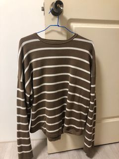 #23吃土季 冬季出清 二手條紋 大地色 春秋 百搭日系  戶外 薄長袖 T shirt 衣服 