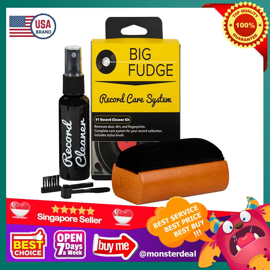  Big Fudge Vinyl Record Cleaning Kit - Complete 4-in-1 -  Includes Ultra-Soft Velvet Record Brush, XL Cleaning Liquid, Stylus Brush  and Storage Pouch! Will NOT Scratch Your Records : Electronics