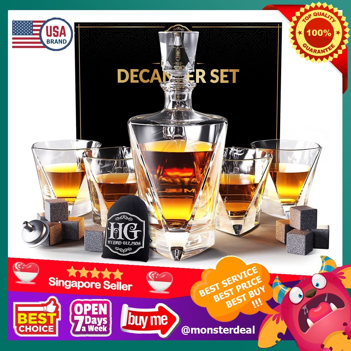 Whiskey Decanter Set for Men with 4 Glasses and 9 Cooling Whisky