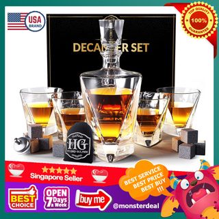 Whiskey Decanter Set for Men with 4 Glasses and 9 Cooling Whisky Stones,  Funnel for Bourbon, Rum, Liquor Crystal Clear Decanter Sets - House Warming