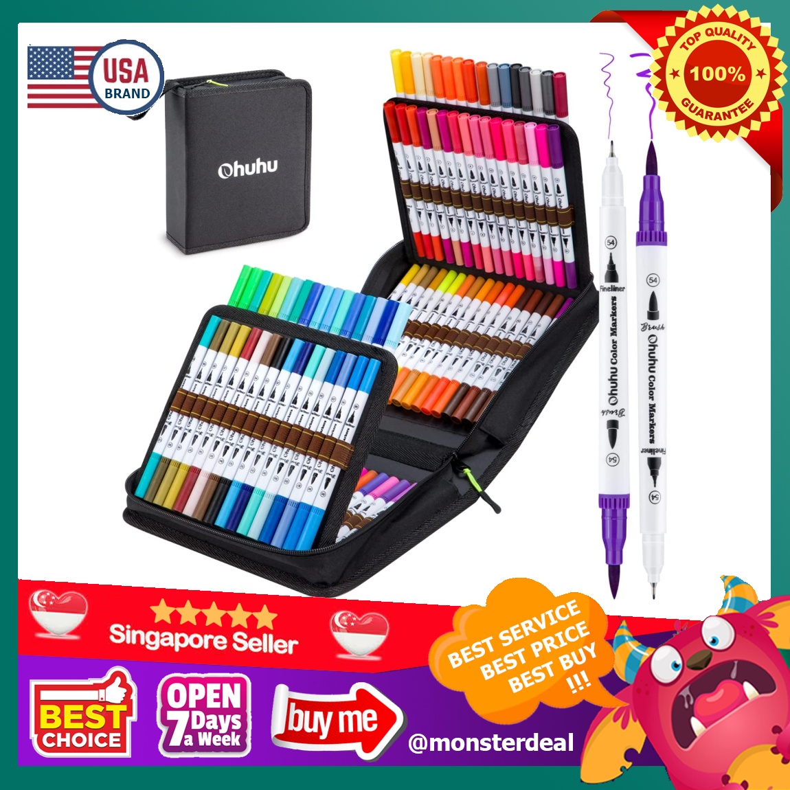 100 Colors Art Markers Set, Ohuhu Dual Tips Coloring Brush Fineliner  Markers