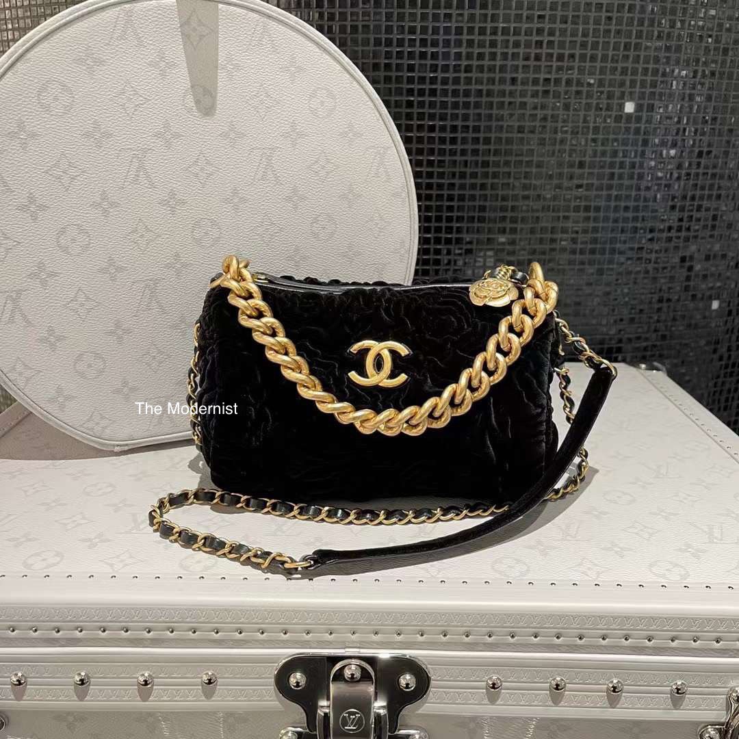 Authentic Chanel Black Velvet Camellia Roller Bowling Bag 2021