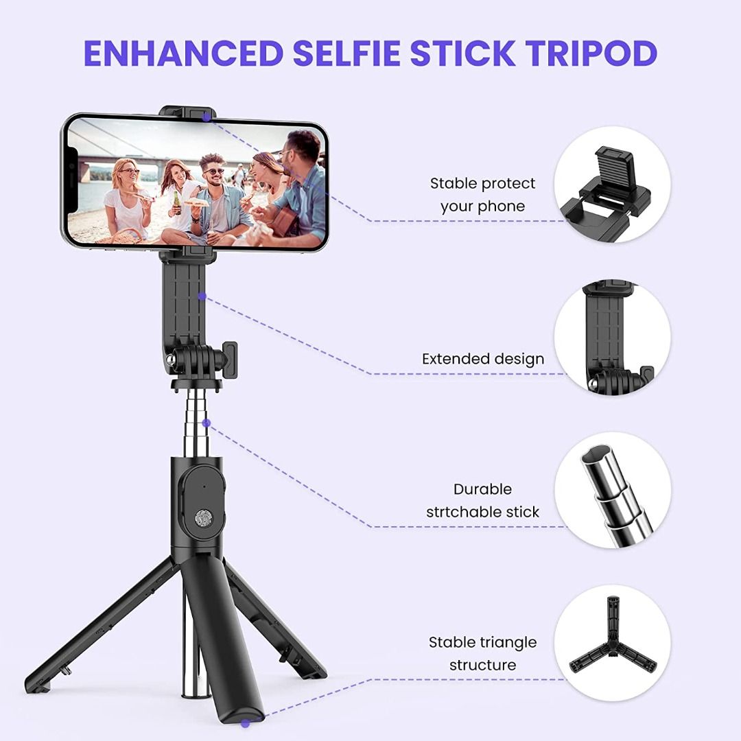 Selfie Stick Tripod Extendable Bluetooth Selfie Stick with Wireless  Remote,Rotation Phone Stand Holder Compatible with Action Camera,  iPhone/Samsung/Huawei Smartphones 