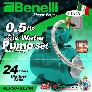 BENELLI 0.5HP 370W Self Priming Jet Booster Water Pump and 24L Capacity Horizontal Bladder Tank with Accessories (BLP50+BL24H) *LIGHTHOUSE ENTERPRISE*