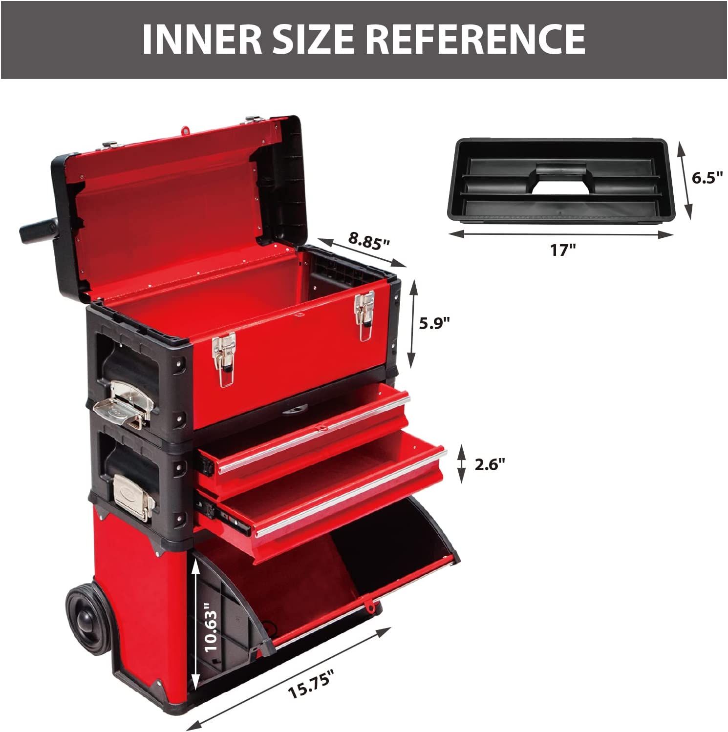 BIG RED Rolling Upright Tool Box – Steel & Plastic Stackable Trolley, 3 Drawers 3 thumbnail image