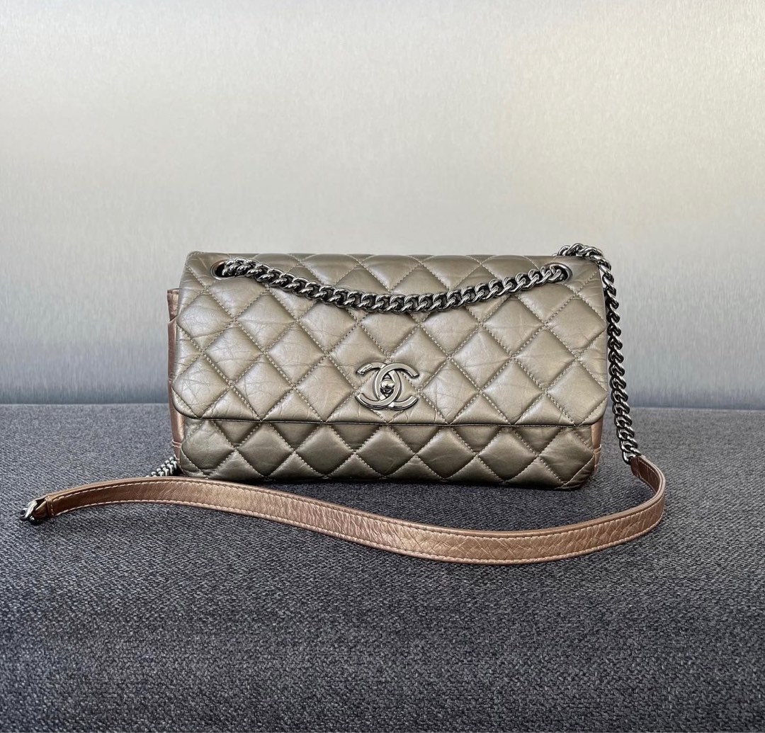 Chanel Lady Pearly Flap Medium 28cm Calfskin Bi Color Bronze Rhw