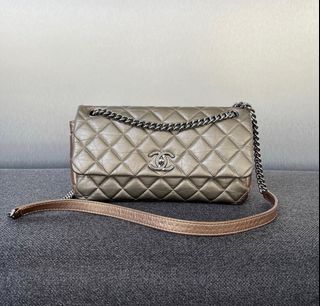 Chanel Lady Pearly Flap Medium 28cm Calfskin Bi Color Bronze / Rhw