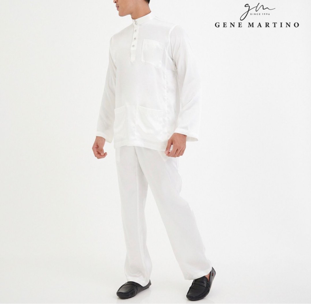 Gene Martino Baju Melayu Satin Classic Fit 666 - White, Men's Fashion ...
