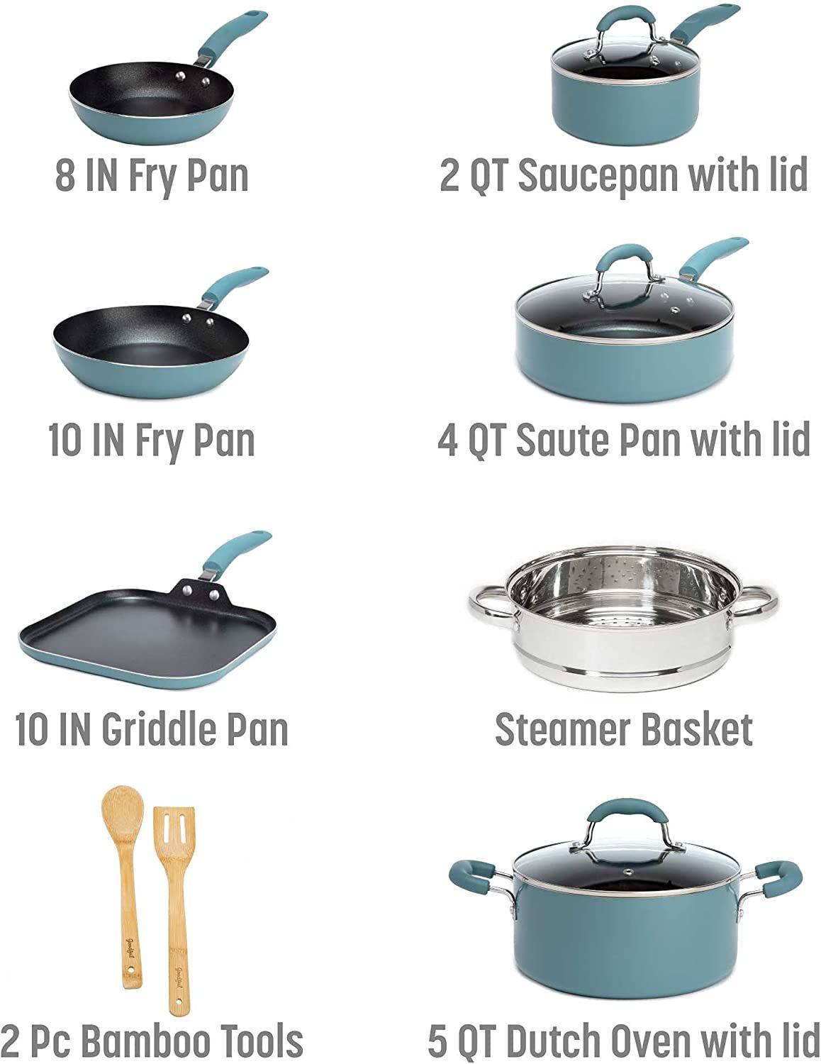 Goodful Cookware Set with Premium Non-Stick Coating, Dishwasher Safe Pots  and Pans, Tempered Glass Steam Vented Lids, Stainless Steel Steamer, and  Bamboo Cooking Utensils Set, 12-Piece, Turquoise, Everything Else on  Carousell