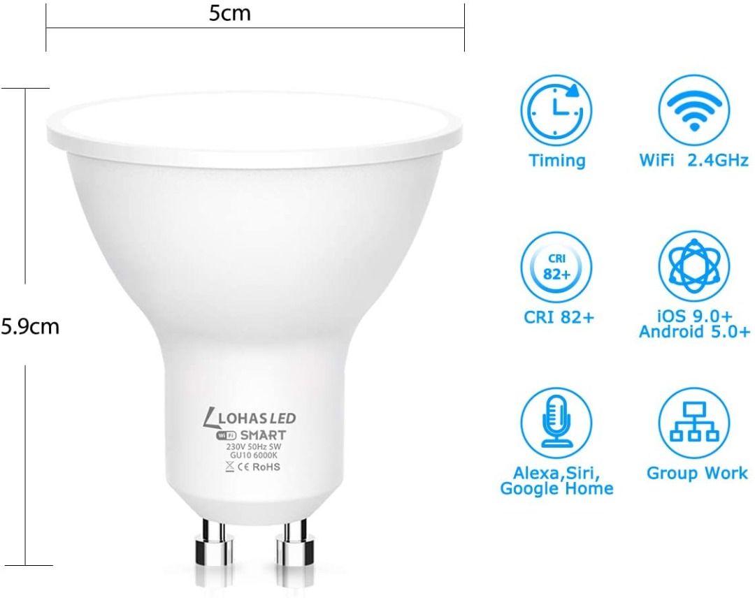 GU10 Smart Bulb WiFi Spot Light Bulb LOHAS 5W Day White 6000K 35W Halogen Bulb Equivalent 230V Tunable Smart Bulb 400LM 2 Pack Energy Class
