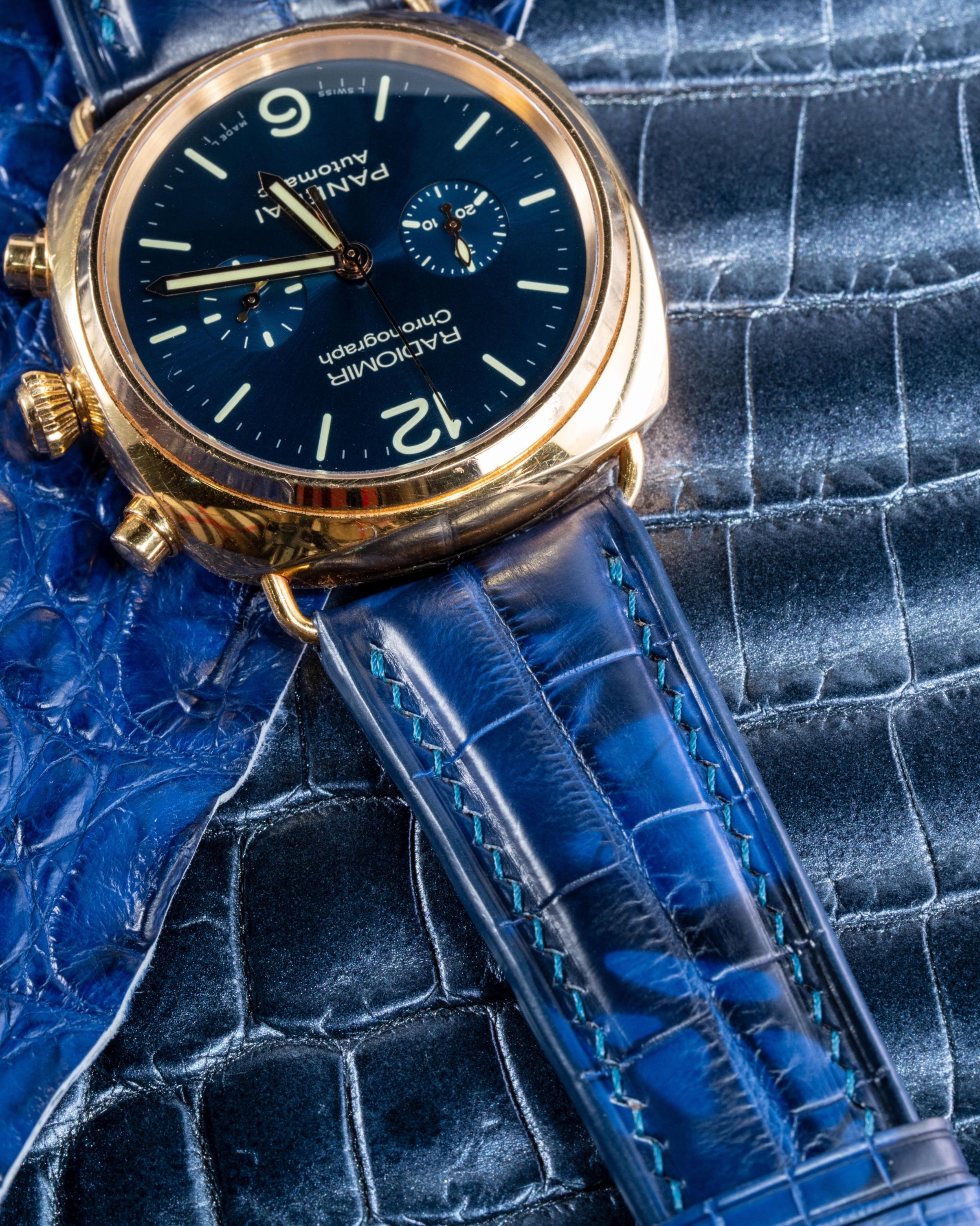 Handmade Hand stitched Watch Strap in Tie Dye Blue Crocodile Leather For Client s Panerai Radiomir Watch