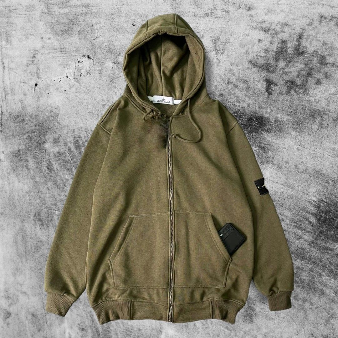 Hoodie Zipper Stone Island Hijau Army, Fesyen Pria, Pakaian Baju