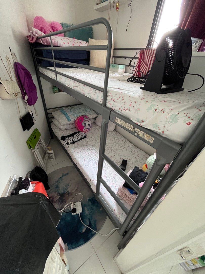 IKEA SVARTA silver metal bunk bed frame and mattresses, Furniture