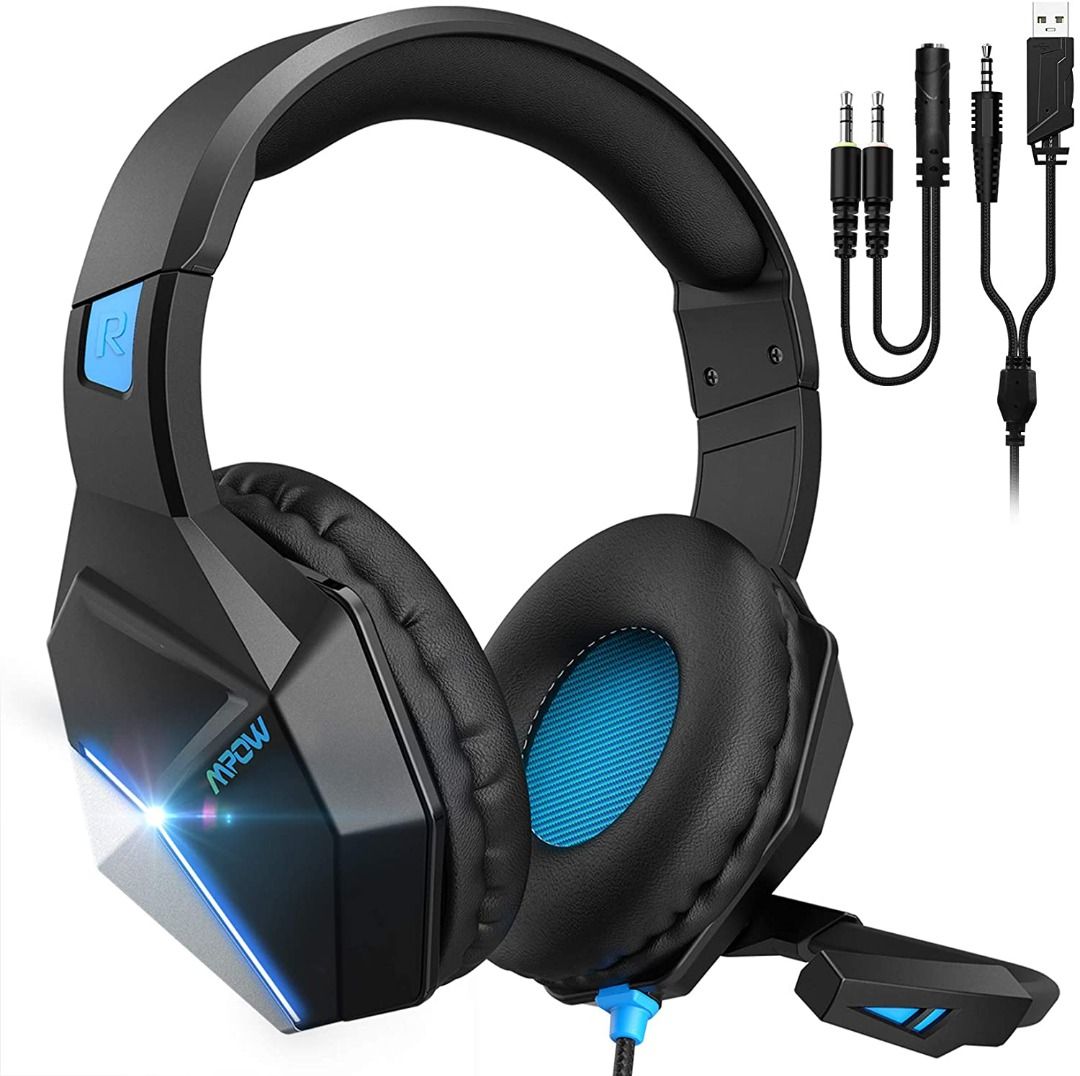 Mpow EG10 Gaming Headset for PS4 PC Xbox One Controller Over Ear Headphones with Mic Noise Cancelling Switchable LED Light Soft Earmuffs for Laptop