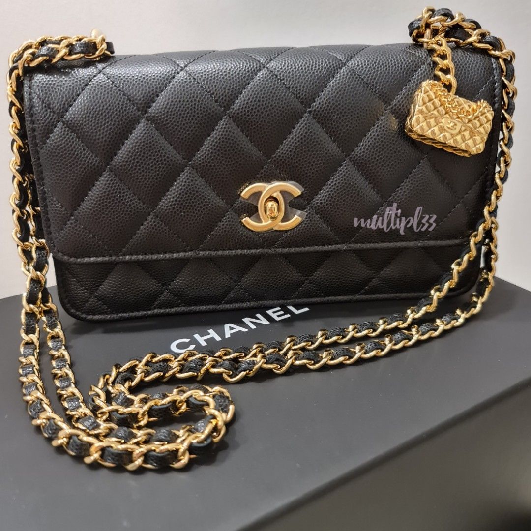 Chanel 23S Wallet on Chain WOC with Charm in Black Caviar, Luxury