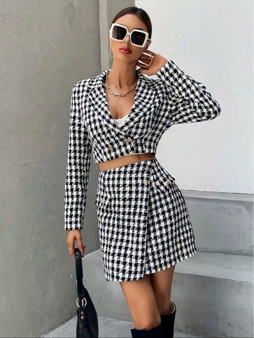 SHEIN PLAID DOUBLE BUTTON CROP BLAZER & SKIRT (Category: Sets or Coordinates) located in Quezon City. Submitted by prettyfaves (Listing ID 1222140630, Image 3). Description: SHEIN PLAID DOUBLE BUTTON CROP BLAZER & SKIRT Like New Used Once Removed tag and packaging Bought for P3600 Selling for P1,900 Fixed price. No haggling please. MOP: Gcash Delivery via Grab/ Lalamove/ J&T Pick-up location: Heroes Hills, Quezon City.