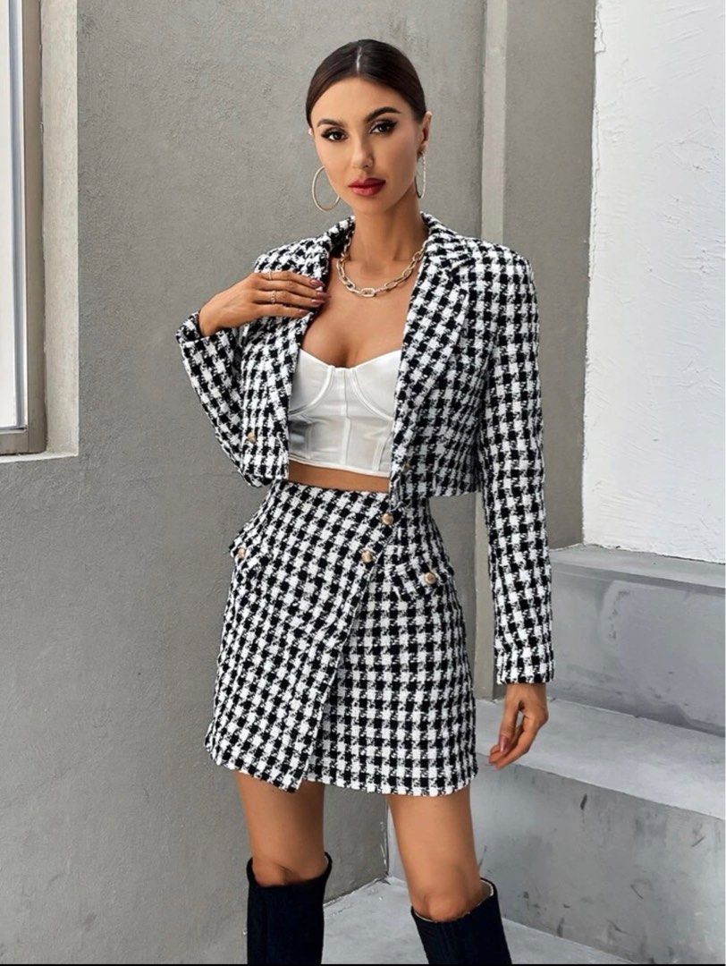 SHEIN PLAID DOUBLE BUTTON CROP BLAZER & SKIRT (Category: Sets or Coordinates) located in Quezon City. Submitted by prettyfaves (Listing ID 1222140630, Image 1). Description: SHEIN PLAID DOUBLE BUTTON CROP BLAZER & SKIRT Like New Used Once Removed tag and packaging Bought for P3600 Selling for P1,900 Fixed price. No haggling please. MOP: Gcash Delivery via Grab/ Lalamove/ J&T Pick-up location: Heroes Hills, Quezon City.