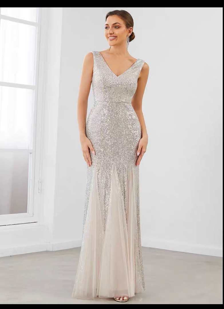 silver Evening gown, Women's Fashion, Dresses & Sets, Evening dresses ...