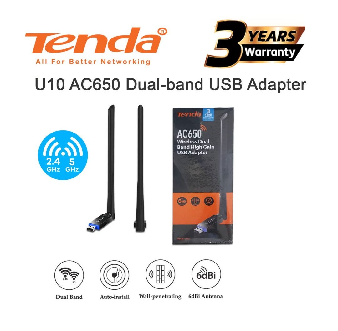 5 Ghz Tenda AC650 Wireless Dual Band Auto-Install USB Adapter