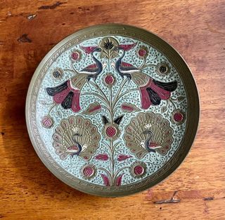 Vintage Brass Plate Hand Painted 20cm
