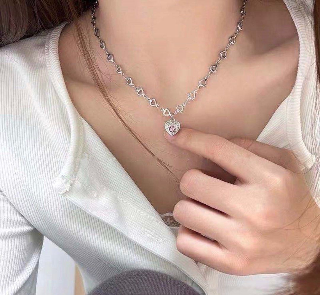 Y2K Gem silver Necklace Heart Aesthetic Pendant for Women Fashion