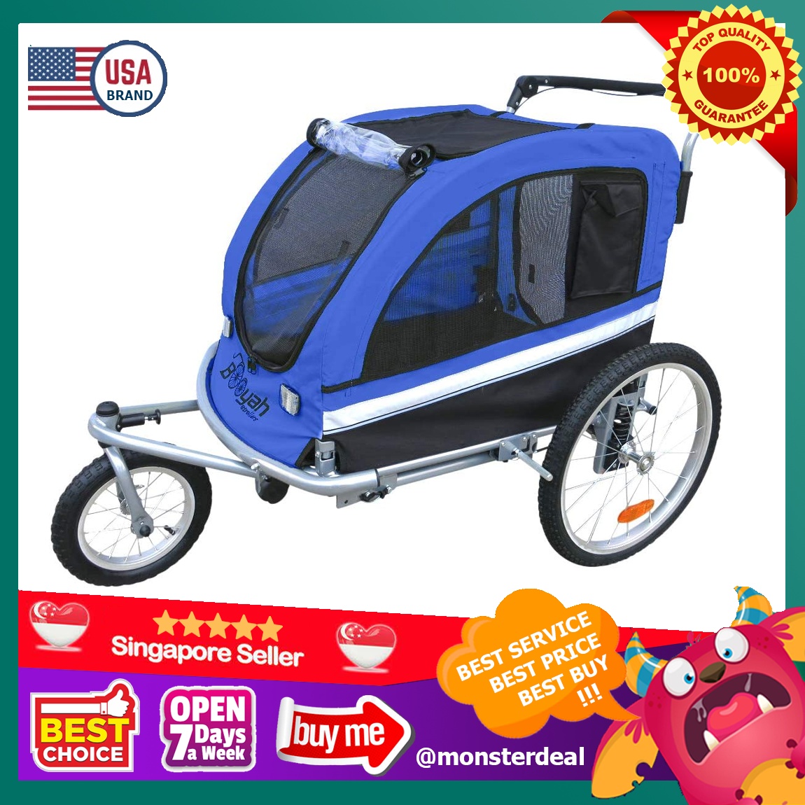 YBR Booyah USA Medium Dog Stroller Pet Bike Trailer with