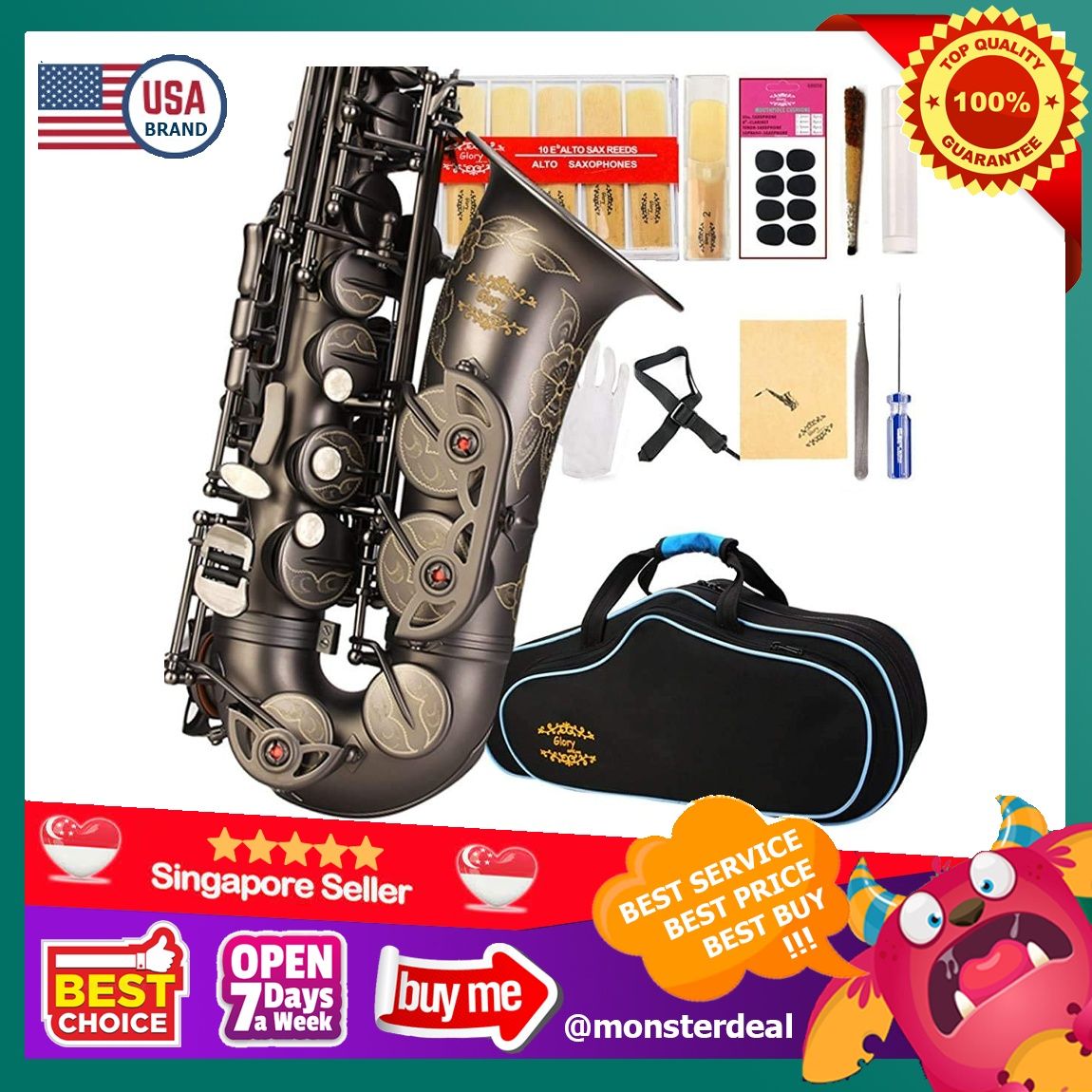 YBR Glory Black Gold Keys E Flat Professional Alto Saxophone sax with 11reeds 8 Pads cushions case carekit More Colors with Silver or Gold keys