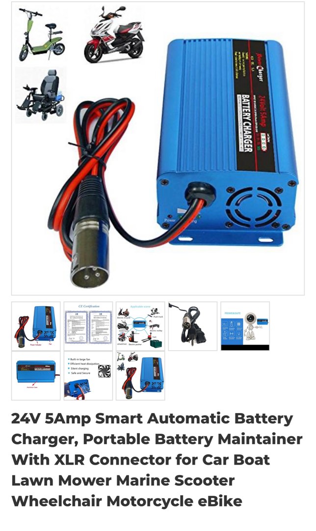 24V 5Amp Smart Automatic Battery Charger, Portable Battery Maintainer