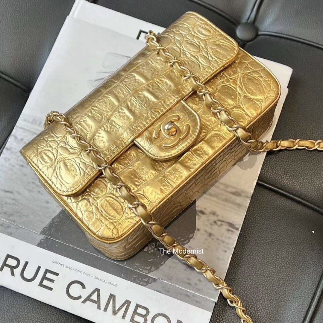 Authentic Chanel Mini Flap Bag Croc Embossed Gold